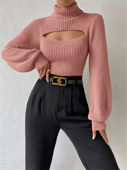 "GlamWrap" Chic Hollowed-Out Turtleneck Sweater