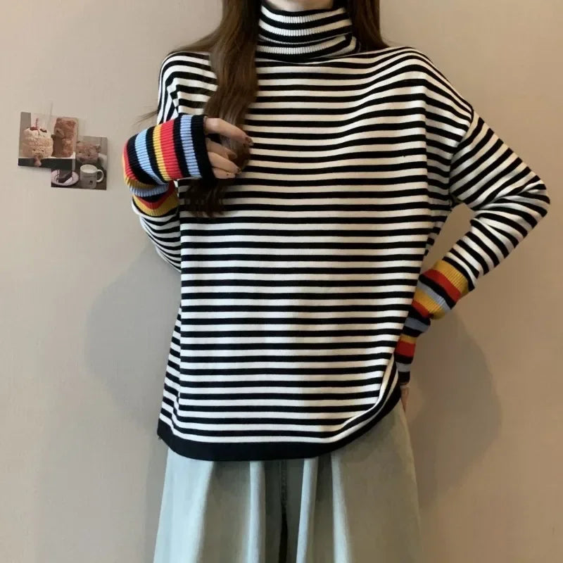 Chic Striped Rainbow High Neck Top