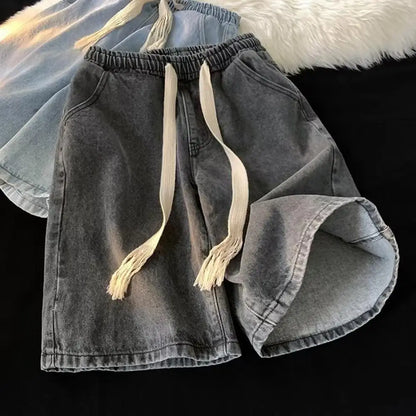 Unisex Elastic Drawstring Denim Shorts