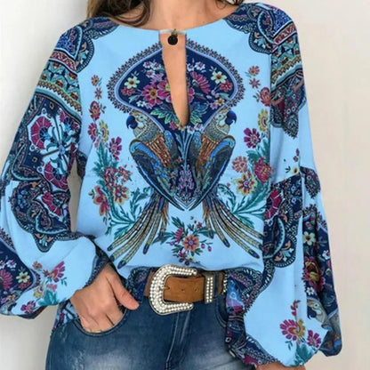 Vibrant Retro Ethnic Print Long Sleeve Blouse for Women