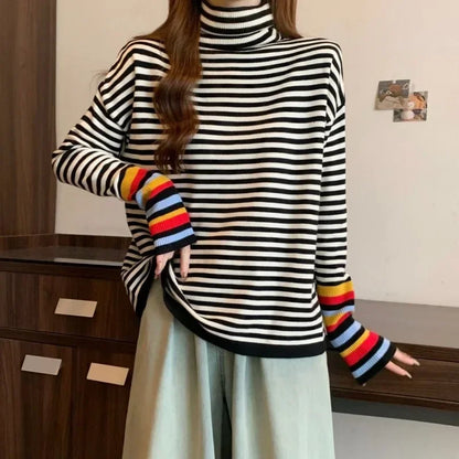 Chic Striped Rainbow High Neck Top