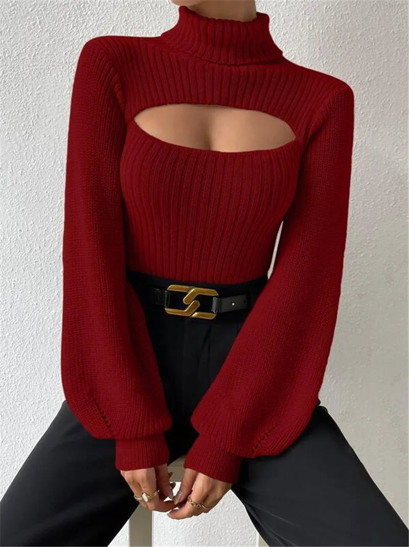 "GlamWrap" Chic Hollowed-Out Turtleneck Sweater