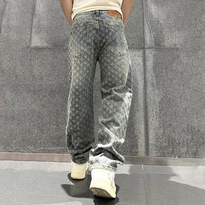 Jacquard Retro Pattern Denim Pants