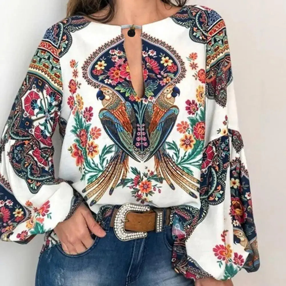 Vibrant Retro Ethnic Print Long Sleeve Blouse for Women