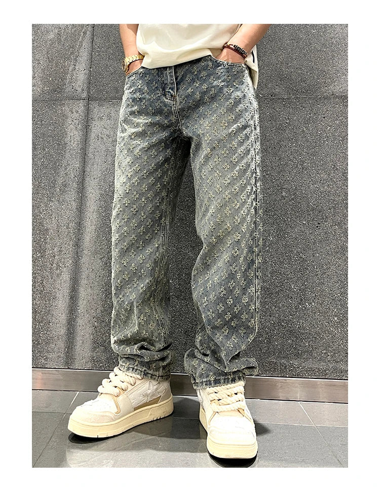 Jacquard Retro Pattern Denim Pants