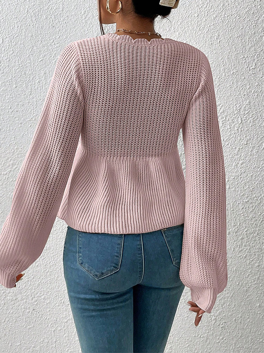 "RuffleVibe" Chic Ribbed V-Neck Peplum Sweater