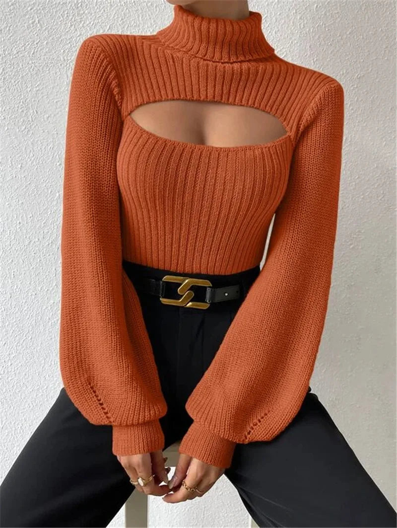 "GlamWrap" Chic Hollowed-Out Turtleneck Sweater