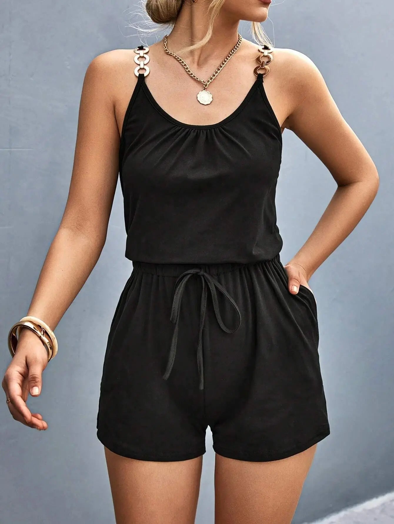 Chain Playsuit- Sexy Sleeveless Romper with Lace-Up Detail