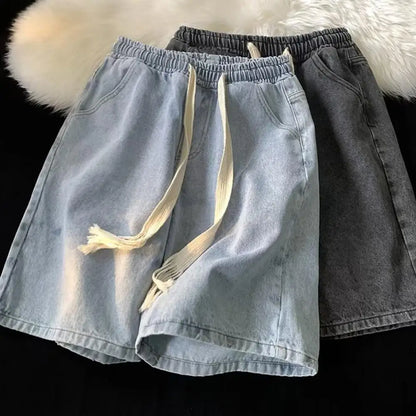 Unisex Elastic Drawstring Denim Shorts