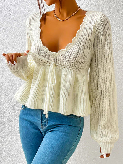 "RuffleVibe" Chic Ribbed V-Neck Peplum Sweater