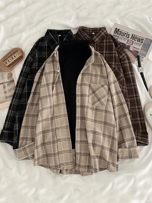 Vintage Plaid Oversized Button-Up Shirts for Women