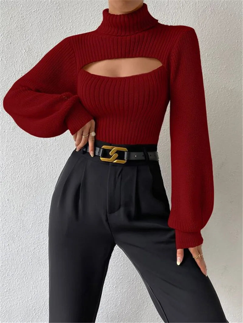 "GlamWrap" Chic Hollowed-Out Turtleneck Sweater