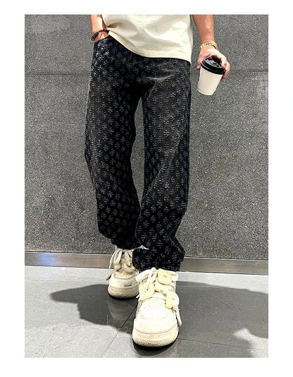 Jacquard Retro Pattern Denim Pants