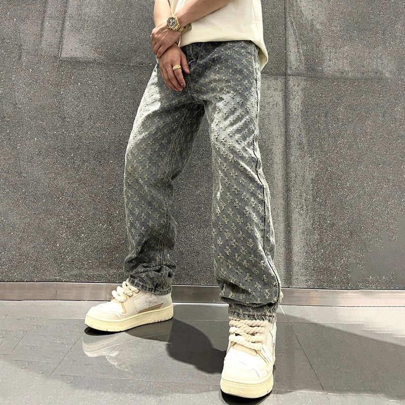 Jacquard Retro Pattern Denim Pants