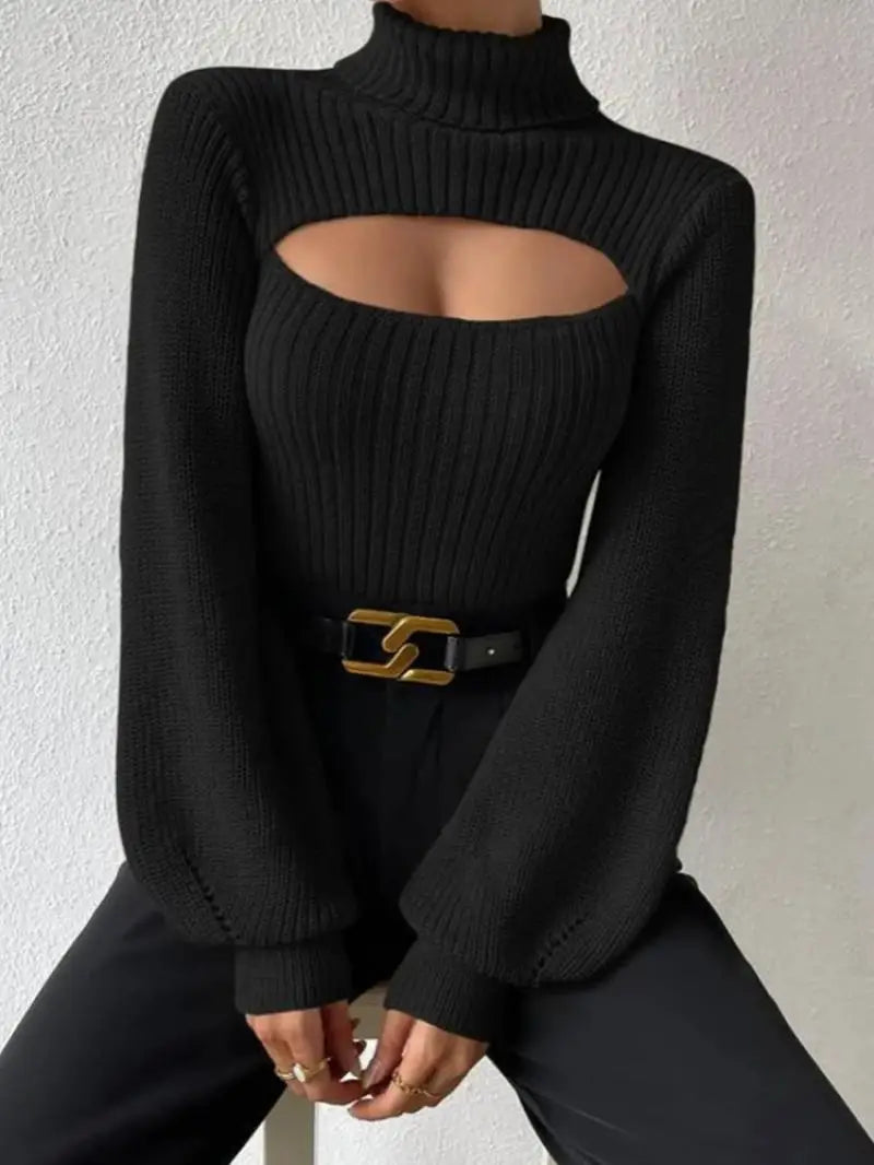 "GlamWrap" Chic Hollowed-Out Turtleneck Sweater