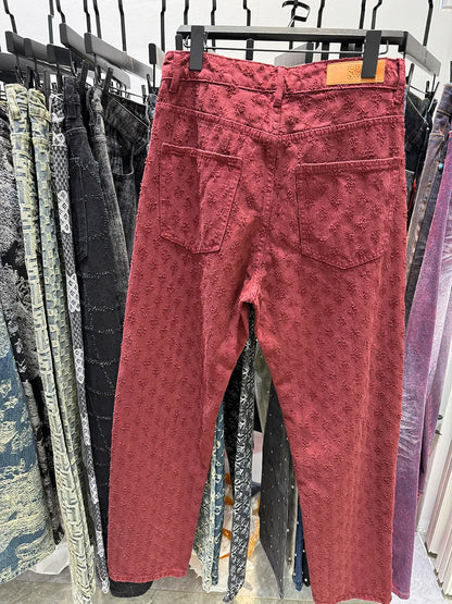 Jacquard Retro Pattern Denim Pants