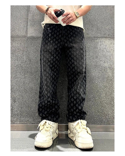 Jacquard Retro Pattern Denim Pants