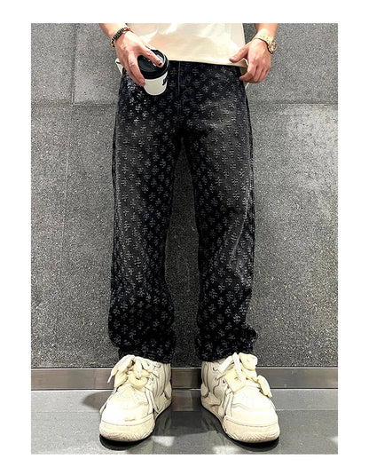 Jacquard Retro Pattern Denim Pants