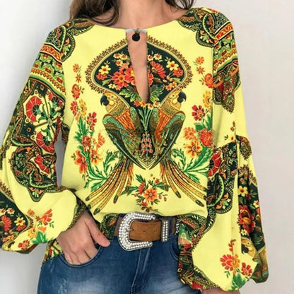 Vibrant Retro Ethnic Print Long Sleeve Blouse for Women