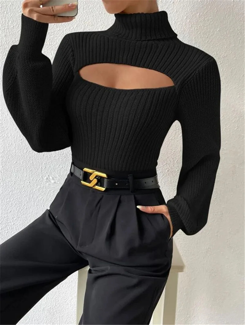 "GlamWrap" Chic Hollowed-Out Turtleneck Sweater