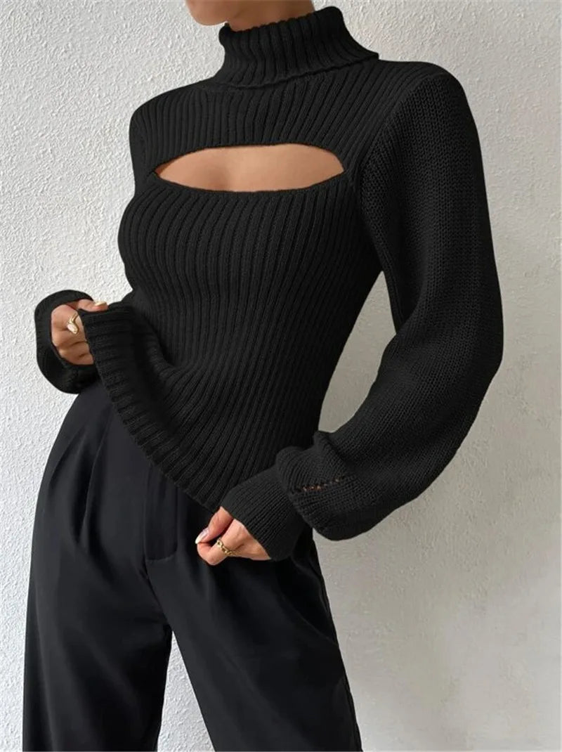 "GlamWrap" Chic Hollowed-Out Turtleneck Sweater