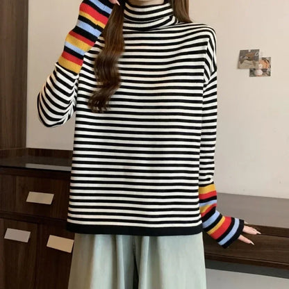 Chic Striped Rainbow High Neck Top