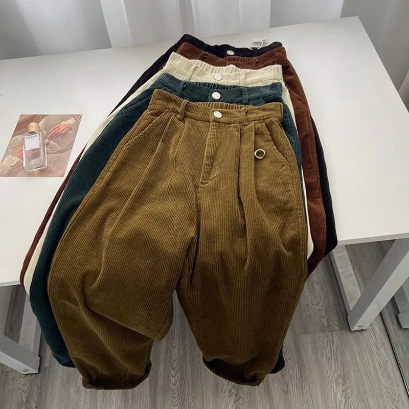 Retro High Waist Corduroy Pants for Women