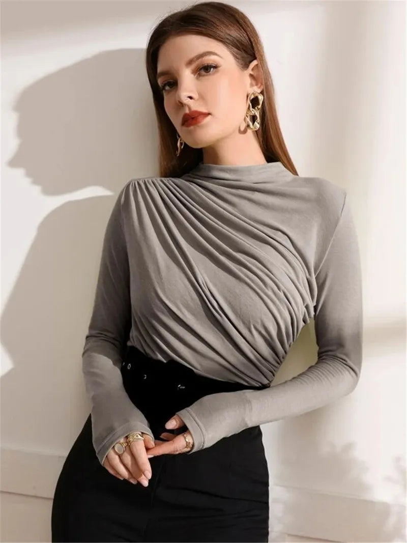 Elegant Long Sleeve T-Shirt with Slim Folds