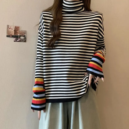 Chic Striped Rainbow High Neck Top