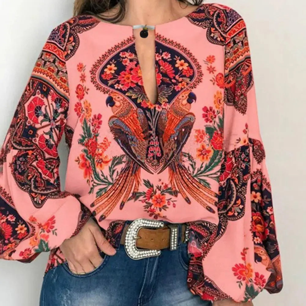 Vibrant Retro Ethnic Print Long Sleeve Blouse for Women