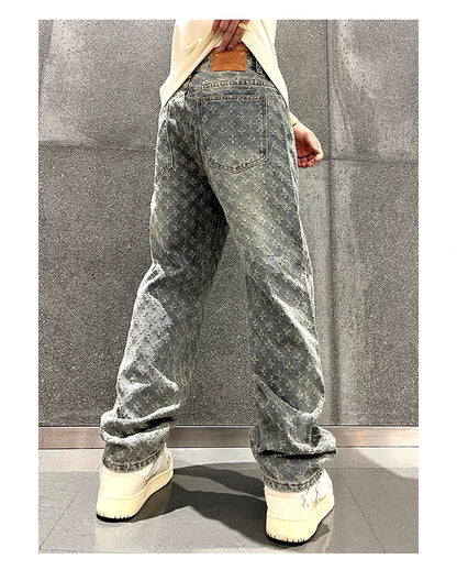 Jacquard Retro Pattern Denim Pants