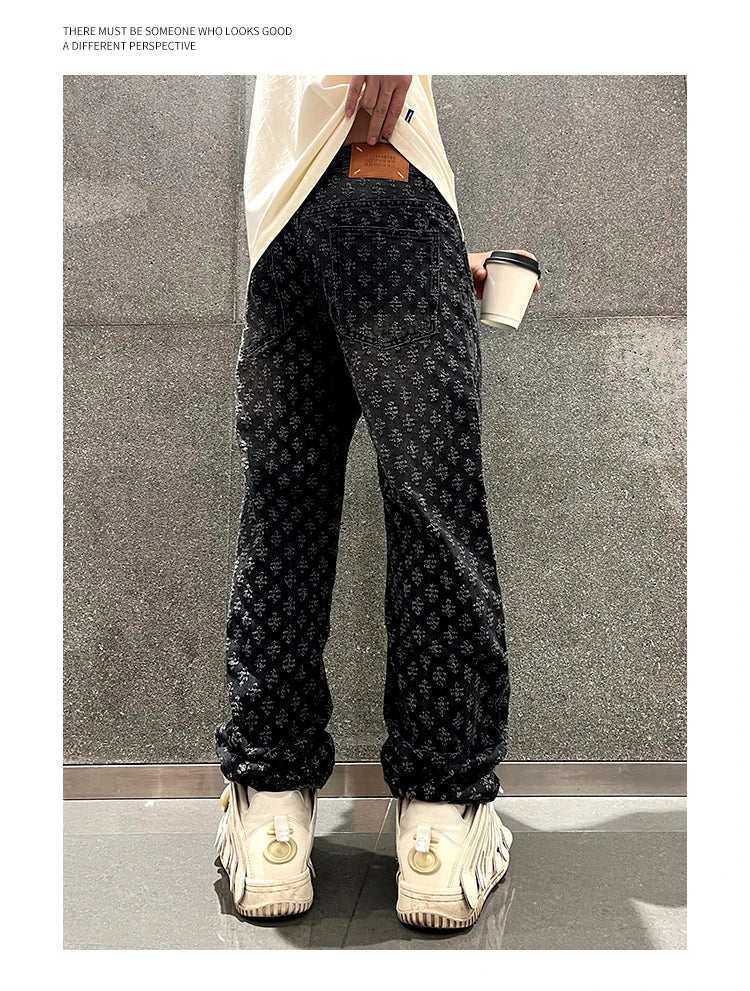 Jacquard Retro Pattern Denim Pants