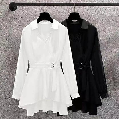 Elegant Belt Shirt Irregular V Neck Long Sleeves for Women