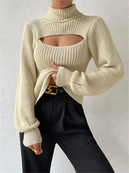 "GlamWrap" Chic Hollowed-Out Turtleneck Sweater