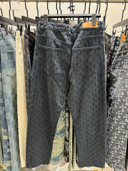 Jacquard Retro Pattern Denim Pants