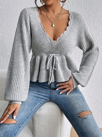 "RuffleVibe" Chic Ribbed V-Neck Peplum Sweater