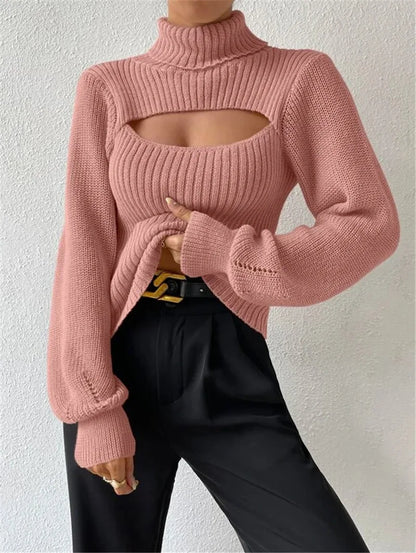 "GlamWrap" Chic Hollowed-Out Turtleneck Sweater