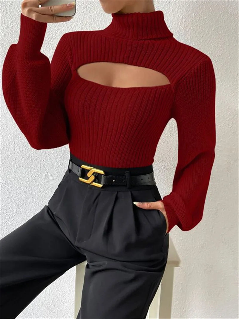 "GlamWrap" Chic Hollowed-Out Turtleneck Sweater