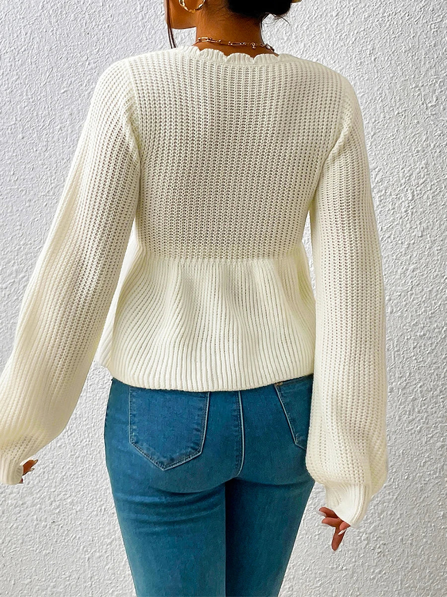 "RuffleVibe" Chic Ribbed V-Neck Peplum Sweater