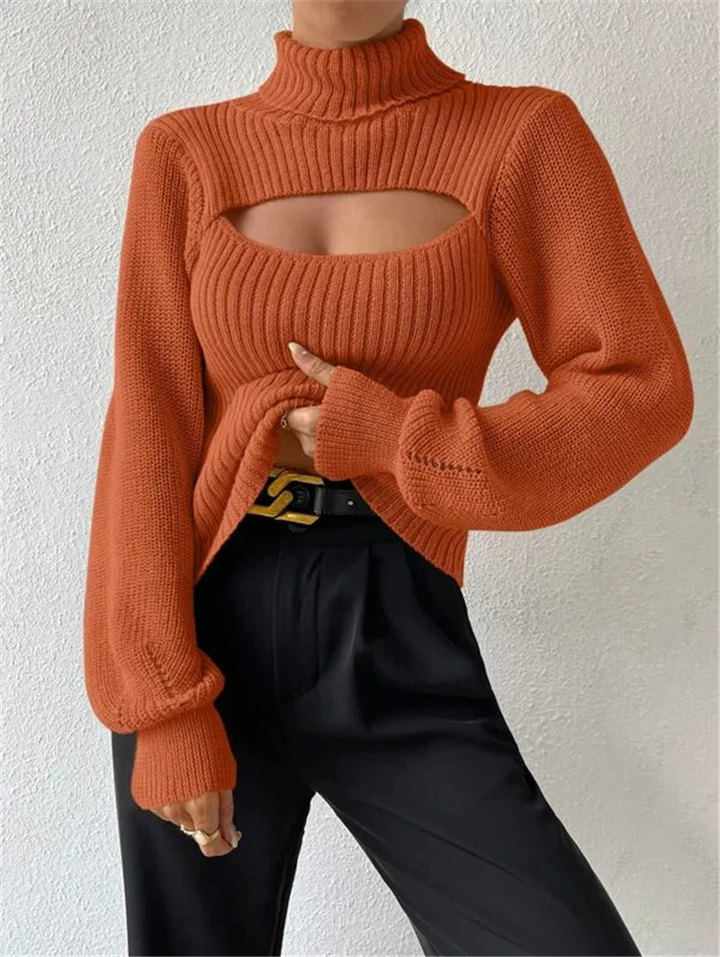 "GlamWrap" Chic Hollowed-Out Turtleneck Sweater