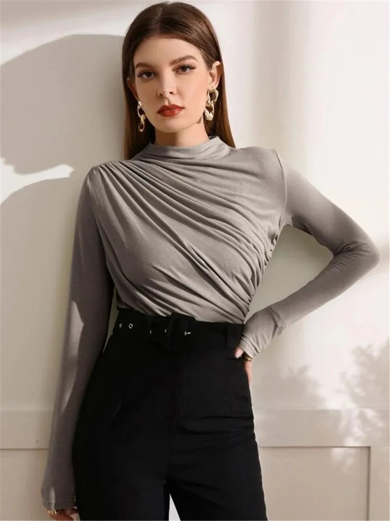 Elegant Long Sleeve T-Shirt with Slim Folds