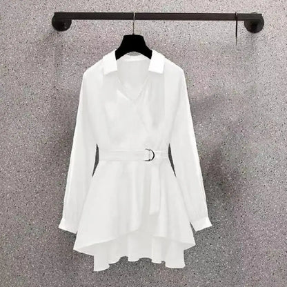 Elegant Belt Shirt Irregular V Neck Long Sleeves for Women