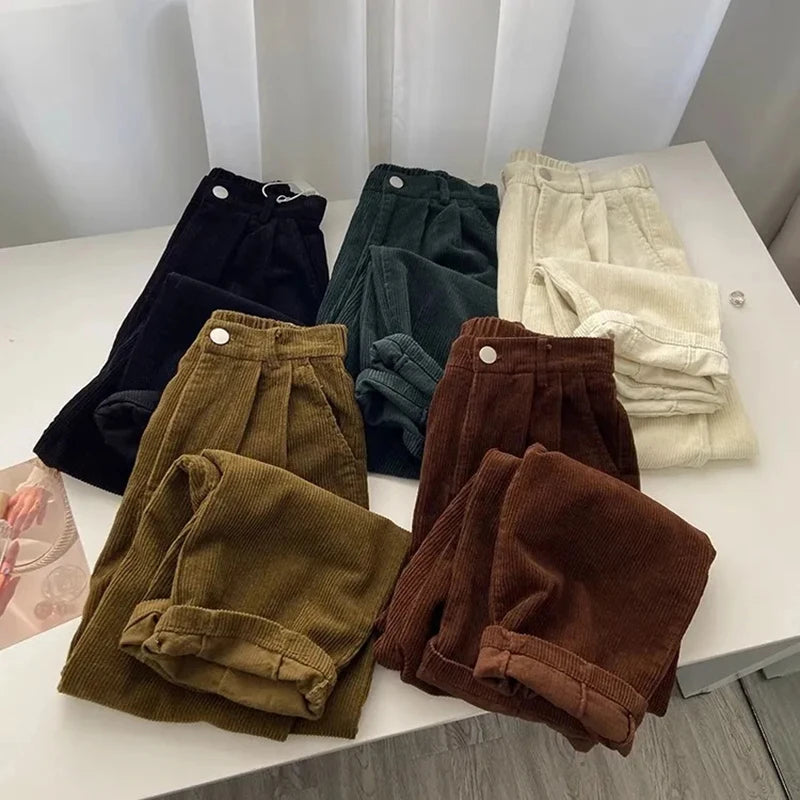 Retro High Waist Corduroy Pants for Women