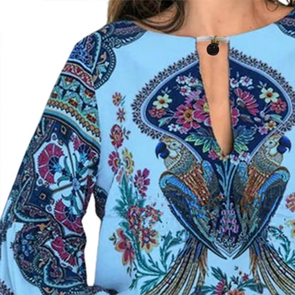 Vibrant Retro Ethnic Print Long Sleeve Blouse for Women