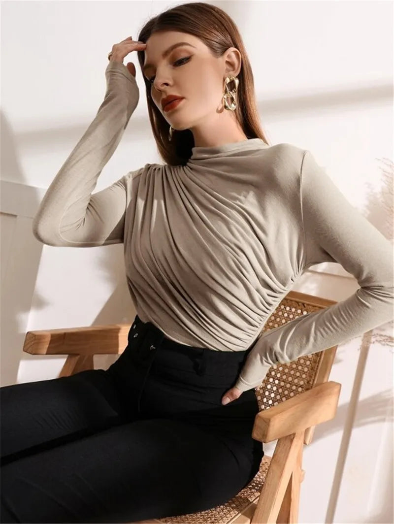 Elegant Long Sleeve T-Shirt with Slim Folds