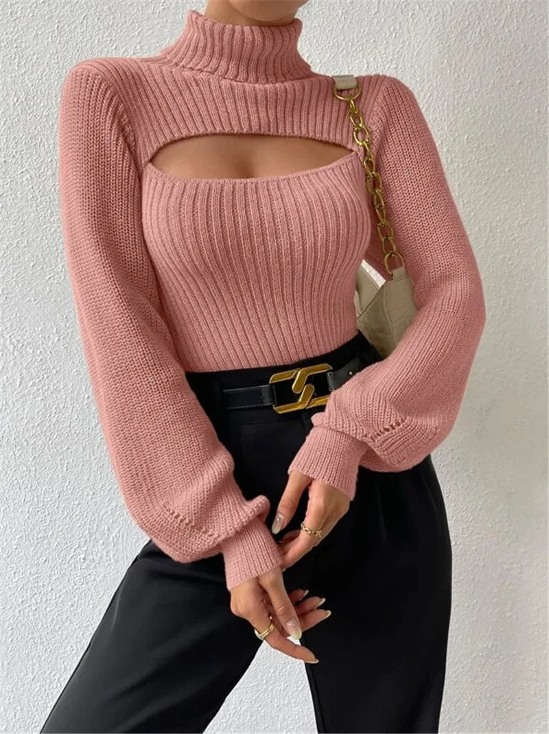 "GlamWrap" Chic Hollowed-Out Turtleneck Sweater