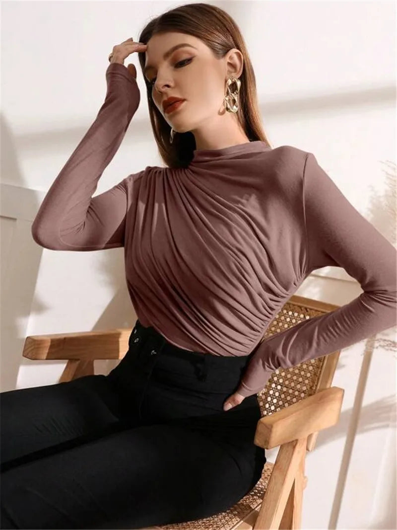 Elegant Long Sleeve T-Shirt with Slim Folds