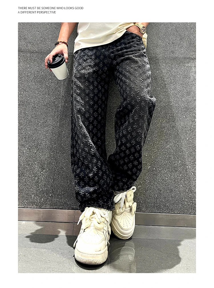 Jacquard Retro Pattern Denim Pants