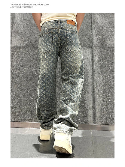 Jacquard Retro Pattern Denim Pants