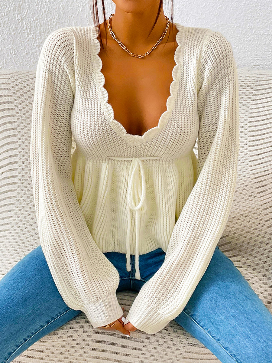 "RuffleVibe" Chic Ribbed V-Neck Peplum Sweater